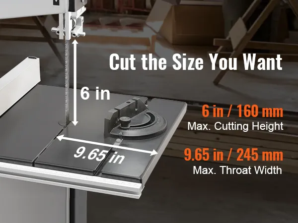 Sierra de cinta VEVOR que muestra una altura de corte máxima de 6 pulgadas (160 mm) y un ancho de garganta de 9,65 pulgadas (245 mm).