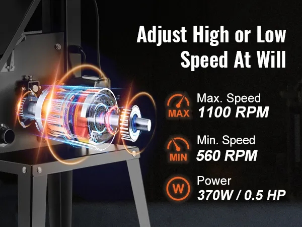 Velocidades ajustables para sierra de cinta VEVOR con máx.: 1100 rpm, mín.: 560 rpm y potencia: 370w / 0,5 hp.