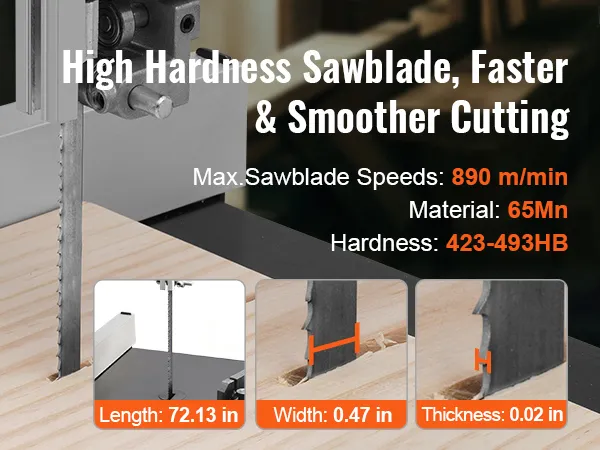 Sierra de cinta VEVOR que presenta una hoja de sierra de alta dureza que corta madera, con especificaciones y velocidades.