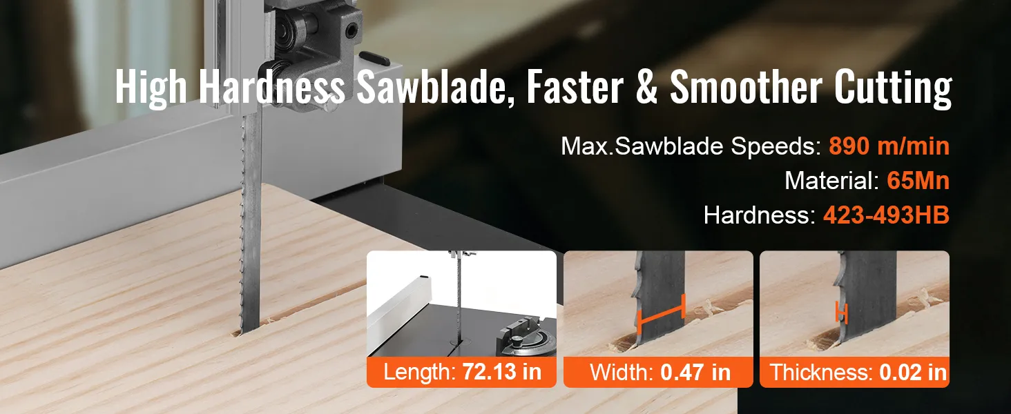 Sierra de cinta VEVOR que presenta una hoja de sierra de alta dureza que corta madera, con especificaciones y velocidades.