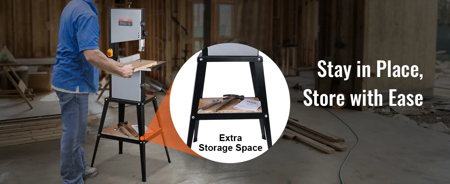 Hombre utilizando una sierra de cinta VEVOR en el taller, destacando el espacio de almacenamiento adicional y la estabilidad de la herramienta.