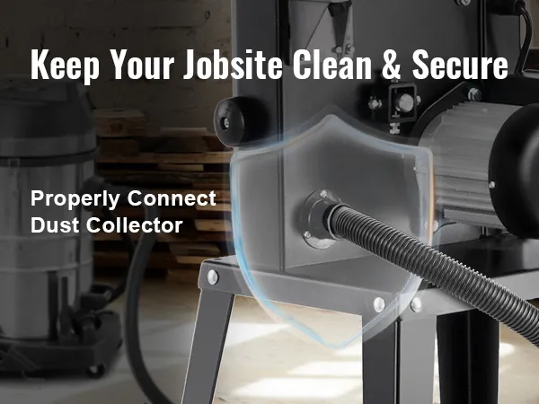 Mantenga su lugar de trabajo limpio con la sierra de cinta VEVOR y el colector de polvo correctamente conectado.