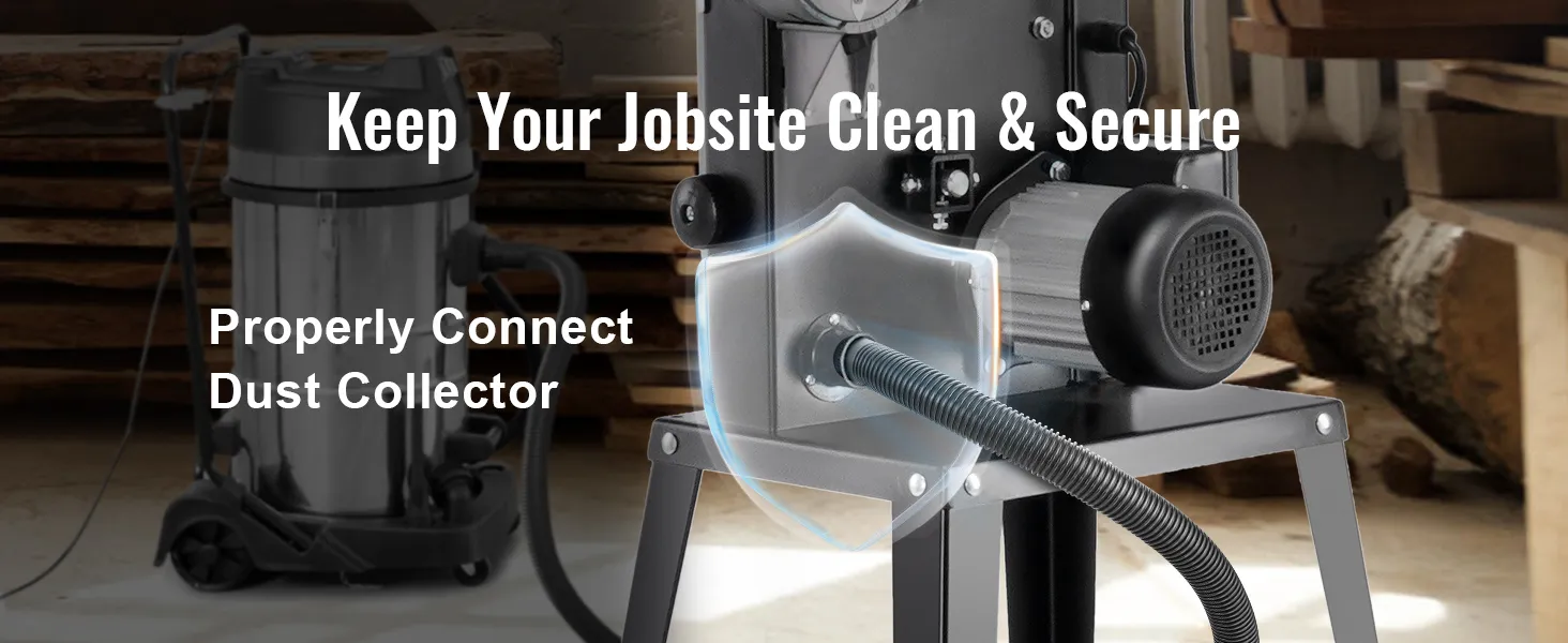 Mantenga su lugar de trabajo limpio con la sierra de cinta VEVOR y el colector de polvo correctamente conectado.