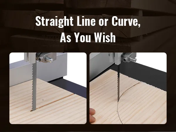 Sierra de cinta VEVOR que corta líneas rectas y curvas en madera, mostrando precisión y versatilidad.