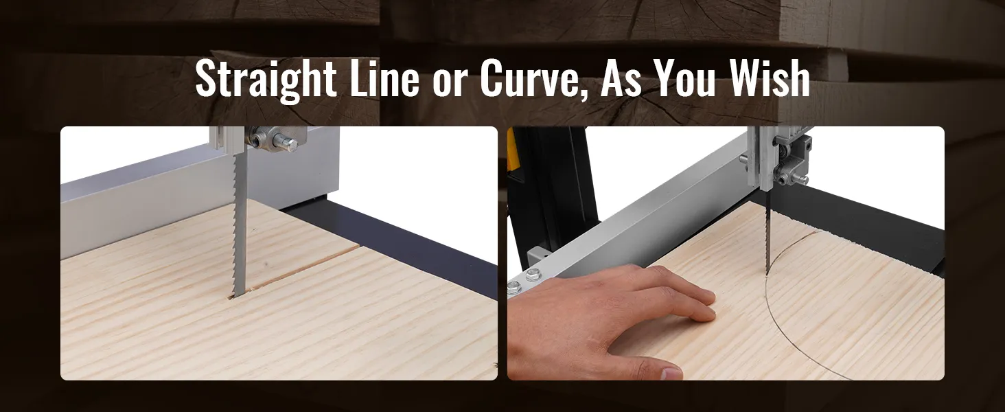 Sierra de cinta VEVOR que corta líneas rectas y curvas en madera, mostrando precisión y versatilidad.