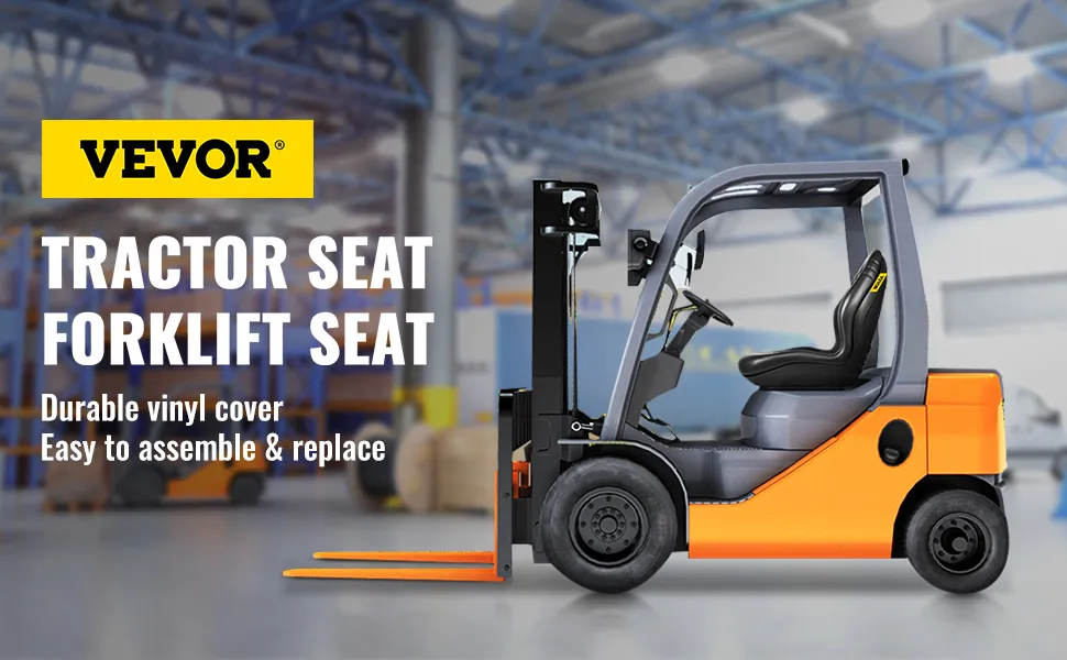 VEVOR universal tractor seat in a forklift with a durable vinyl cover in a warehouse.