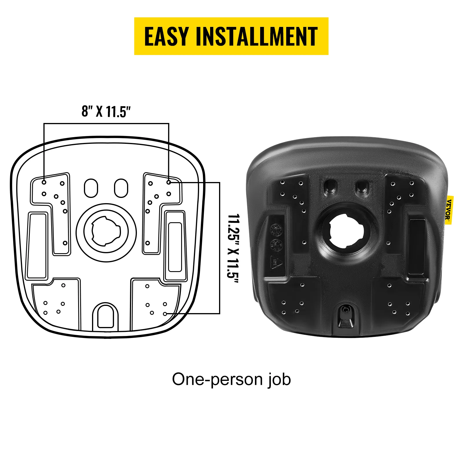 easy installment for the VEVOR universal tractor seat with dimensions and one-person job.