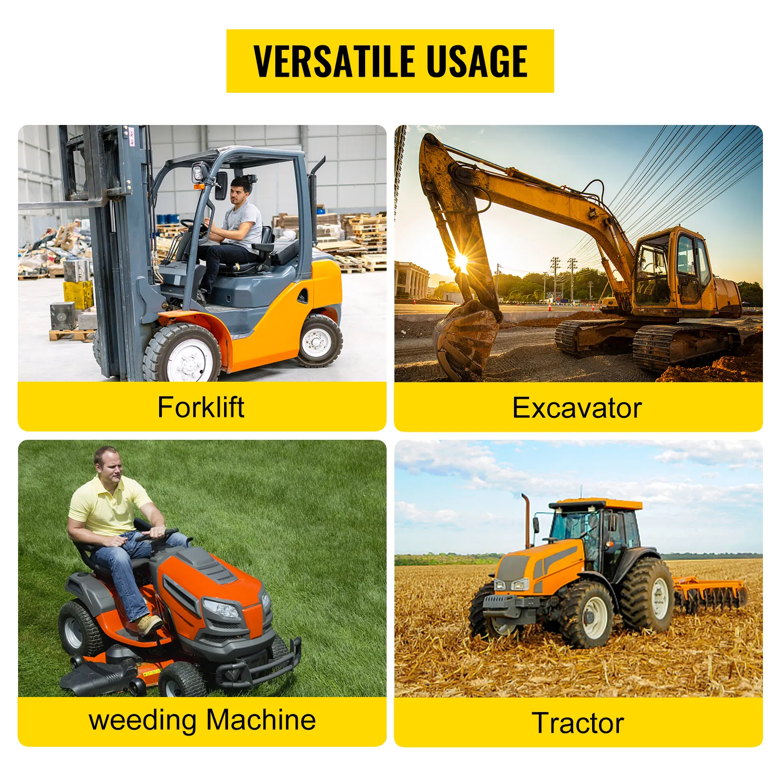 VEVOR universal tractor seat on a forklift, excavator, weeding machine, and tractor.