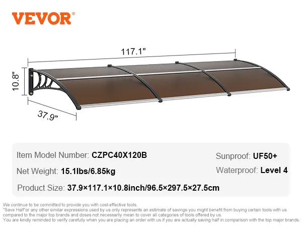 Toldo para puerta VEVOR, modelo czpc40x120b, 117,1" de largo, nivel de impermeabilidad 4, protección solar uf50+, 15,1 libras.