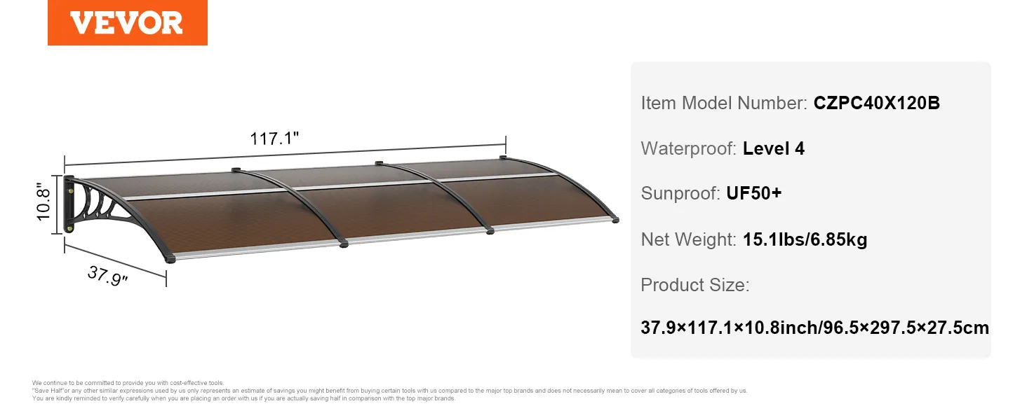 Toldo para puerta VEVOR, modelo czpc40x120b, 117,1" de largo, nivel de impermeabilidad 4, protección solar uf50+, 15,1 libras.
