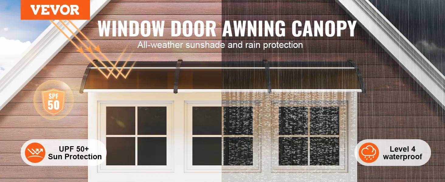 El toldo para puerta VEVOR ofrece protección solar UPF 50+ y protección contra la lluvia impermeable de nivel 4 sobre la ventana.