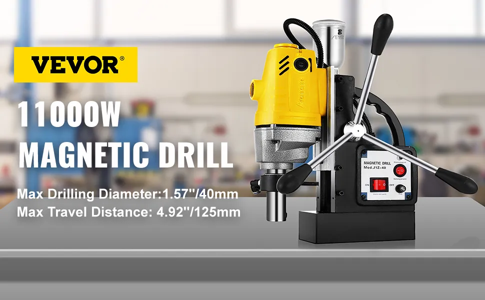 VEVOR magnetic drill press 11000w with 1.57"/40mm max drilling diameter and 4.92"/125mm travel.