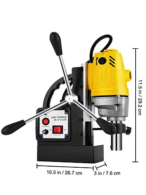 VEVOR magnetic drill press with yellow casing and control panel, measures 11.5"x10.5"x3".