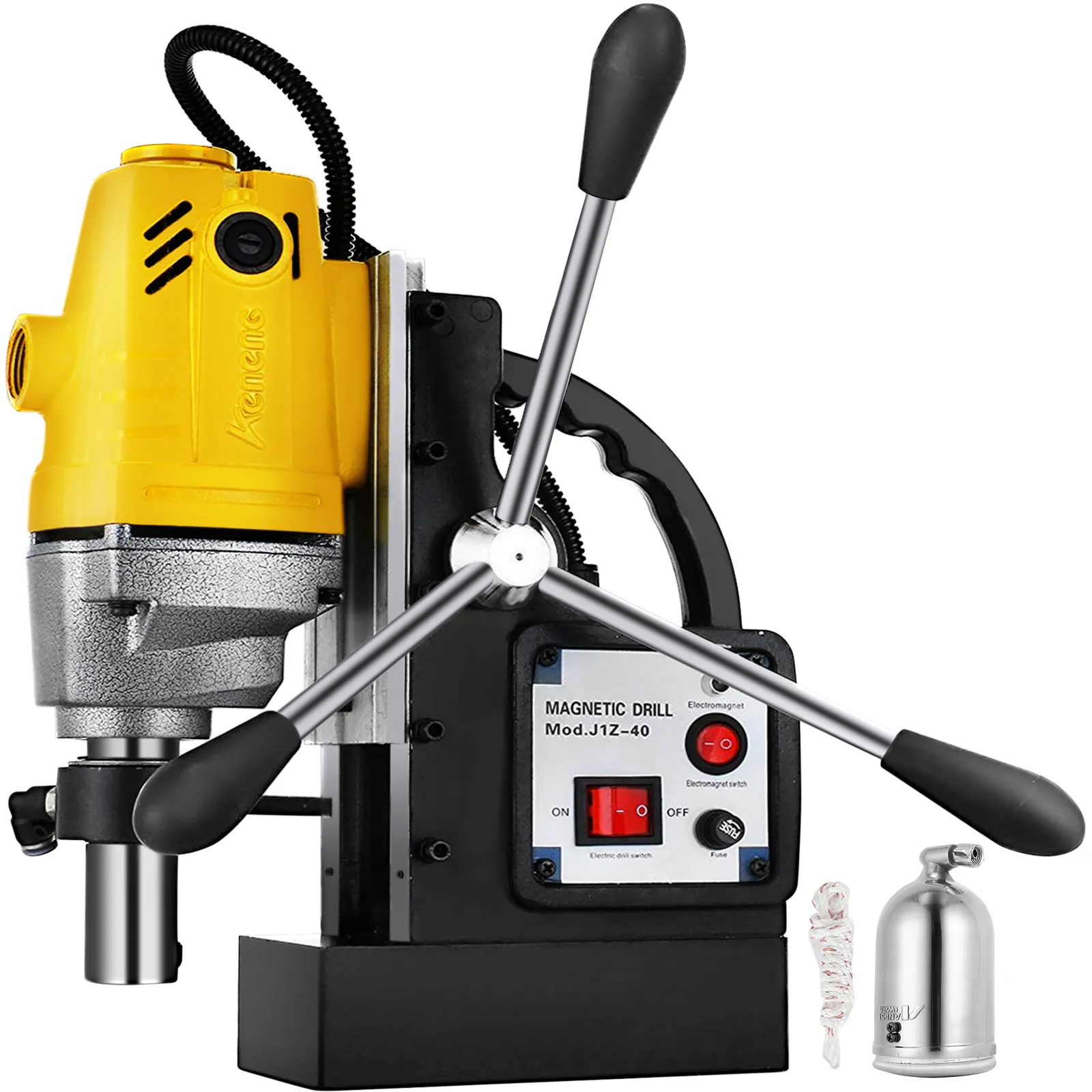 VEVOR magnetic drill press with yellow motor and control panel.
