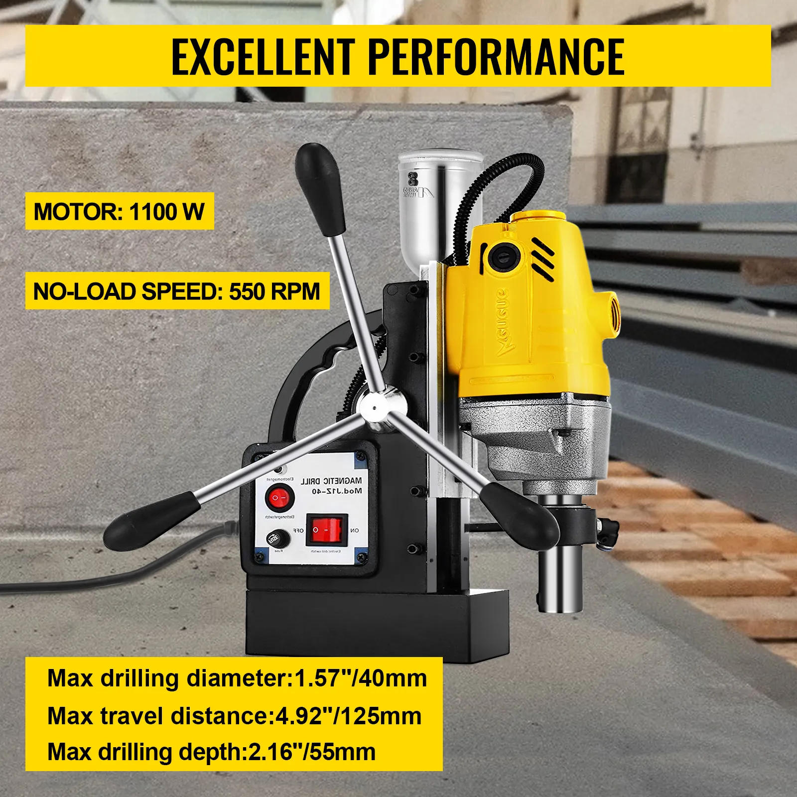 VEVOR magnetic drill press with 1100w motor, 550 rpm, and 2.16" max drilling depth.