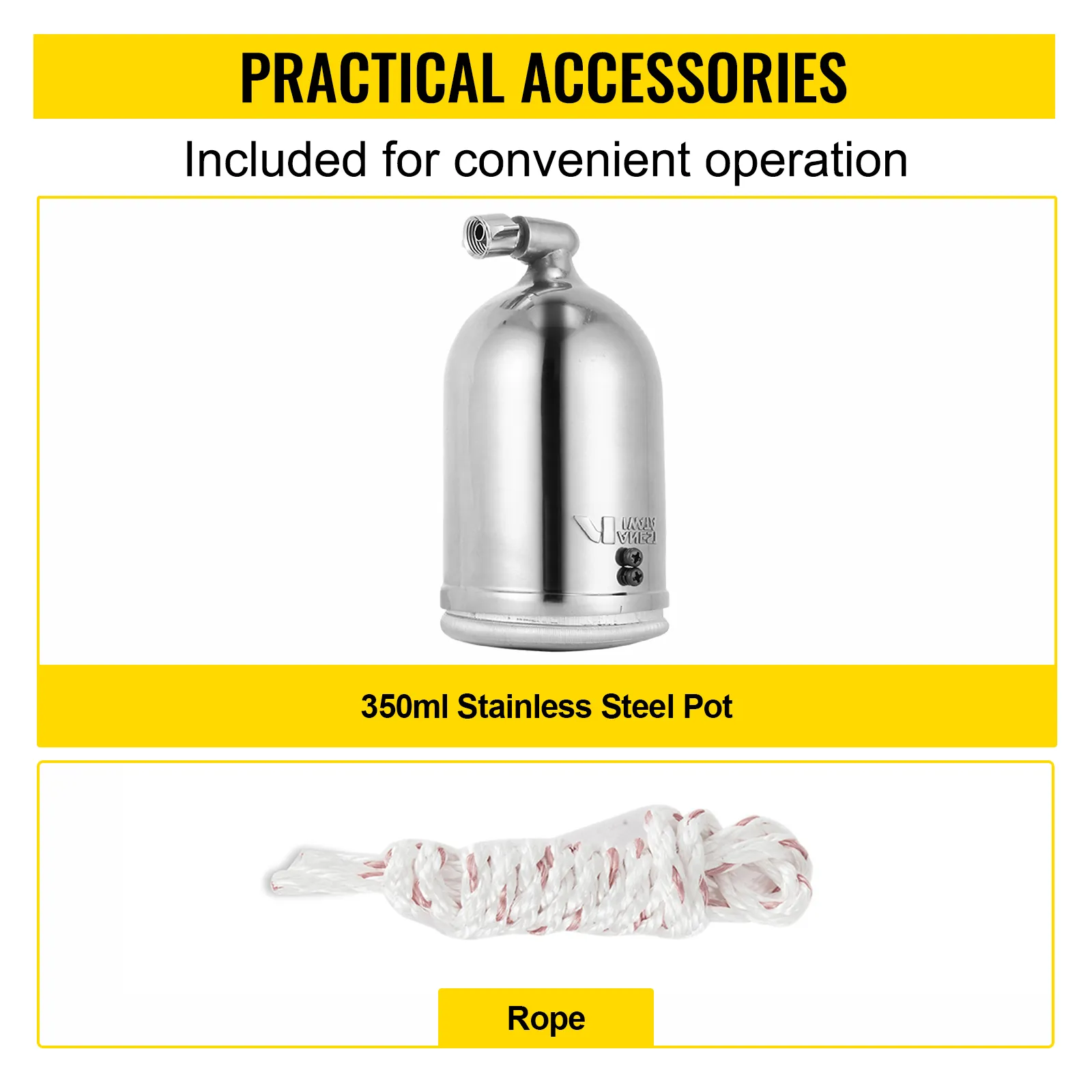 VEVOR magnetic drill press accessories: 350ml stainless steel pot and rope.