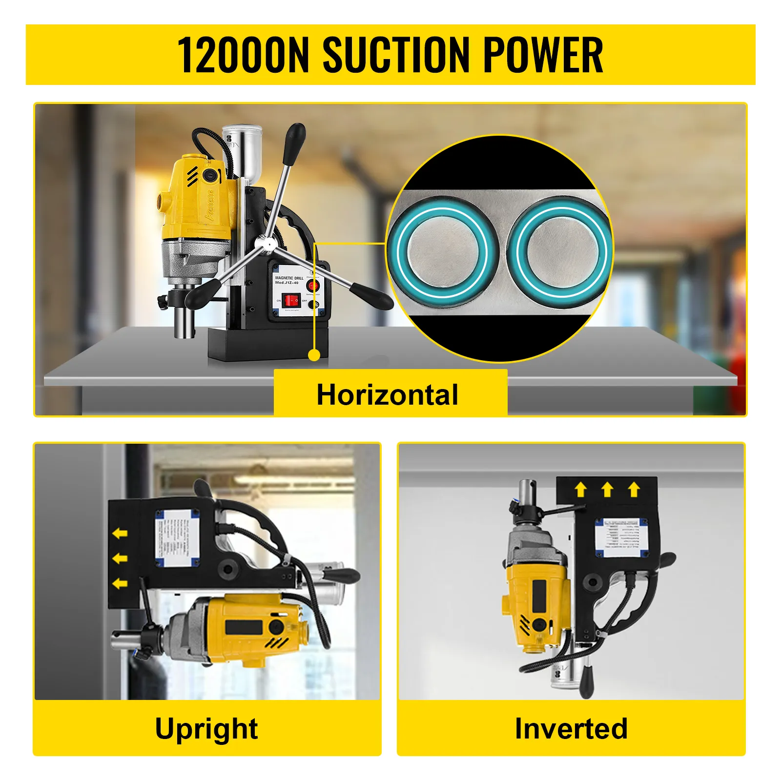 VEVOR magnetic drill press with 12000n suction power for horizontal, upright, and inverted use.