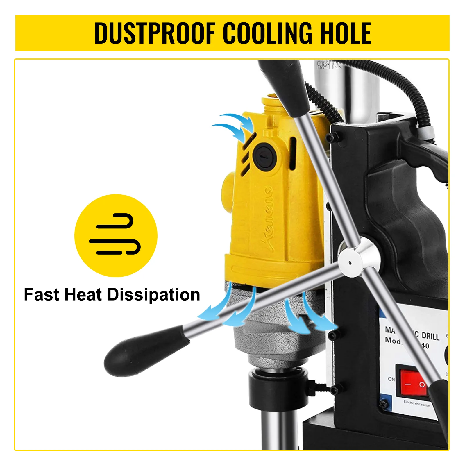 VEVOR magnetic drill press with dustproof cooling hole for fast heat dissipation.