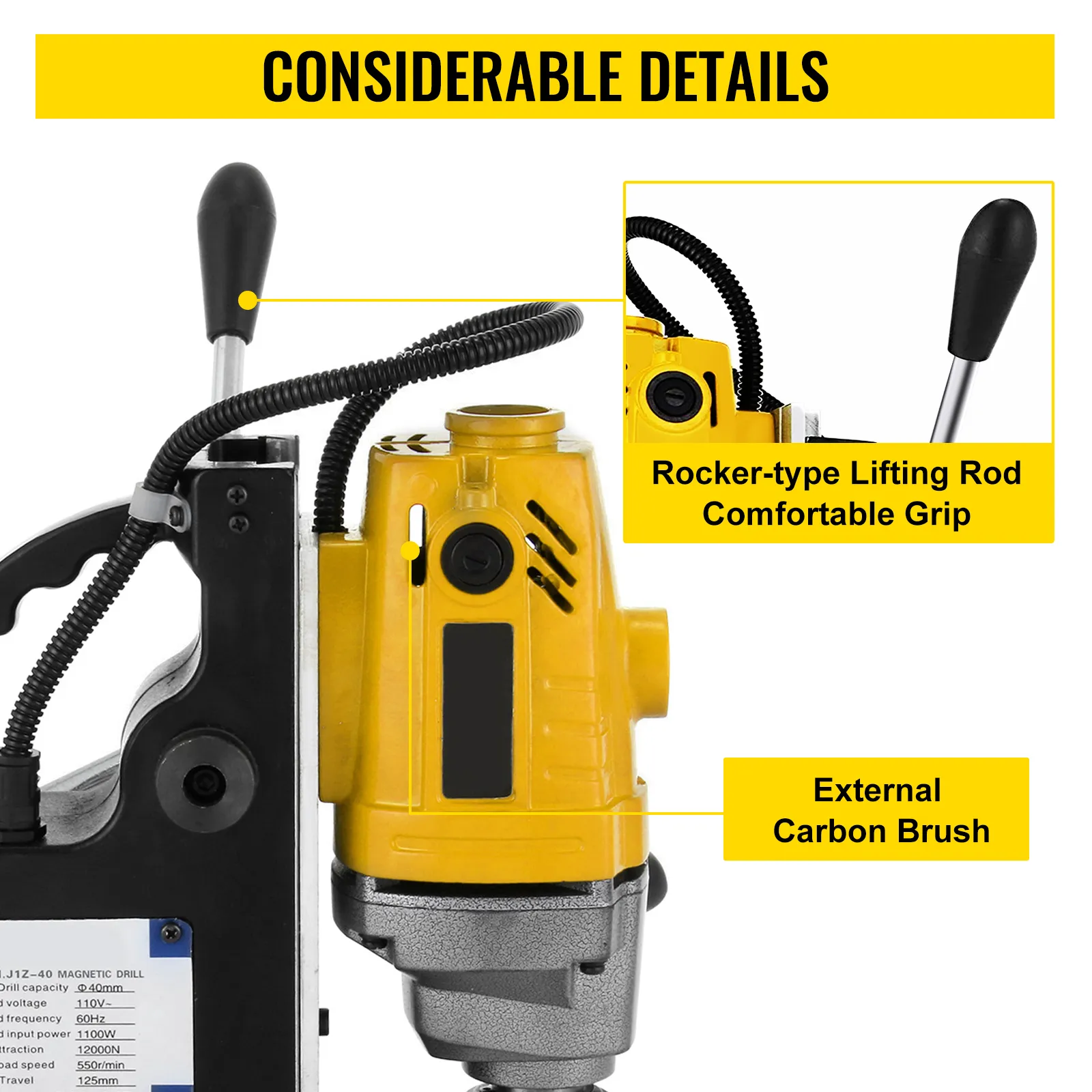 VEVOR magnetic drill press with rocker-type lifting rod and external carbon brush.