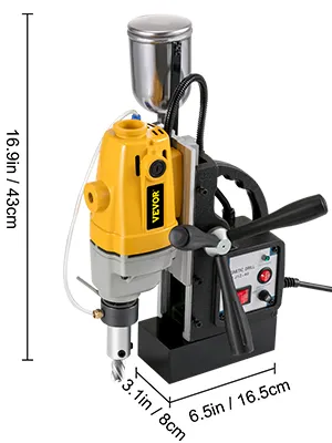 VEVOR magnetic drill press with dimensions labeled: 16.9in x 3.1in x 6.5in.