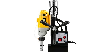 yellow-and-black VEVOR magnetic drill press with control panel and drill attachment.