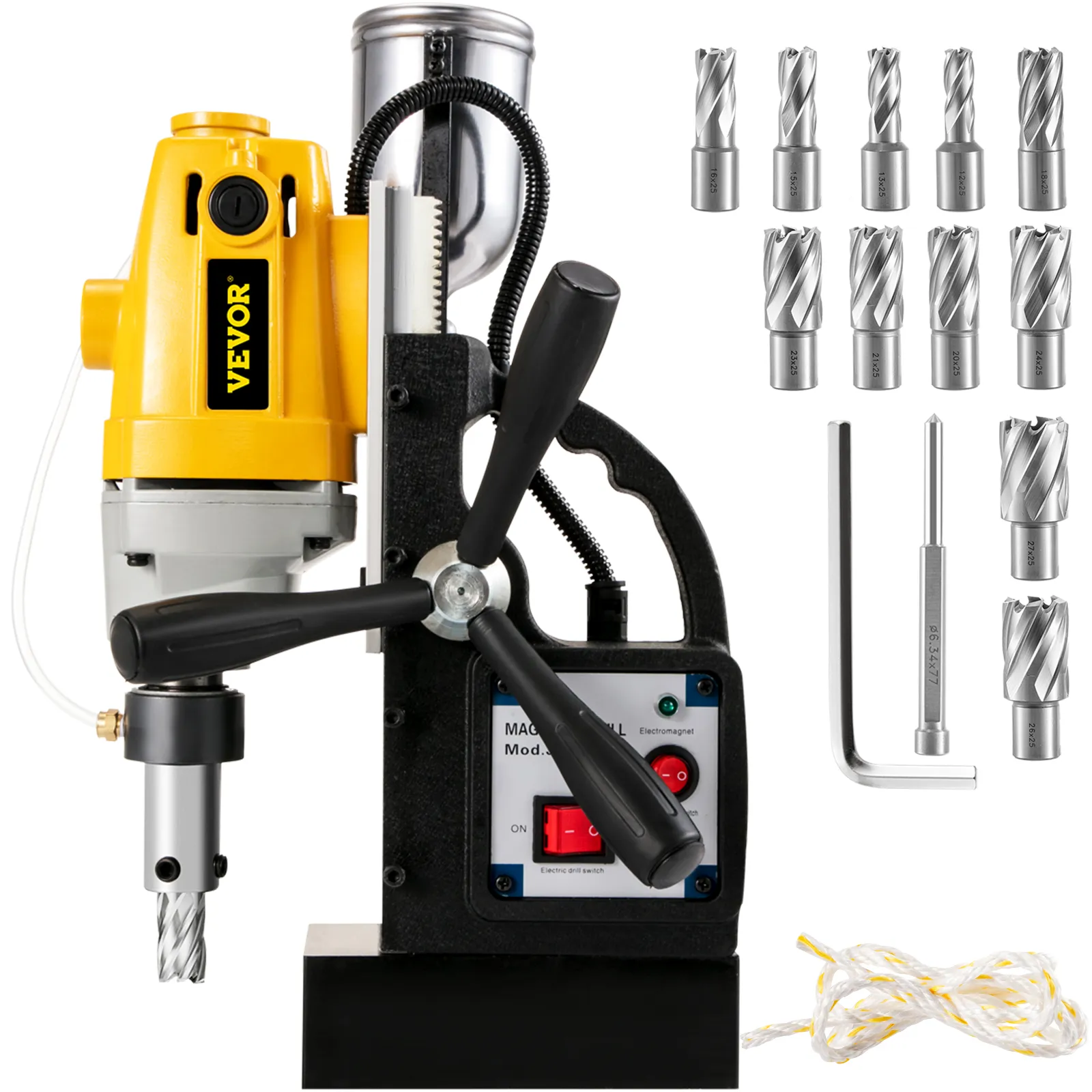 VEVOR magnetic drill press with accessories and drill bits set.