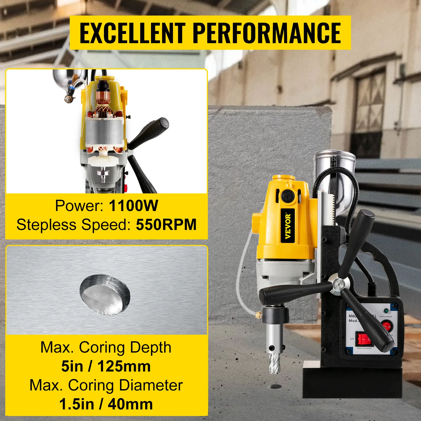 VEVOR magnetic drill press, power: 1100w, stepless speed: 550rpm, coring depth: 5in.