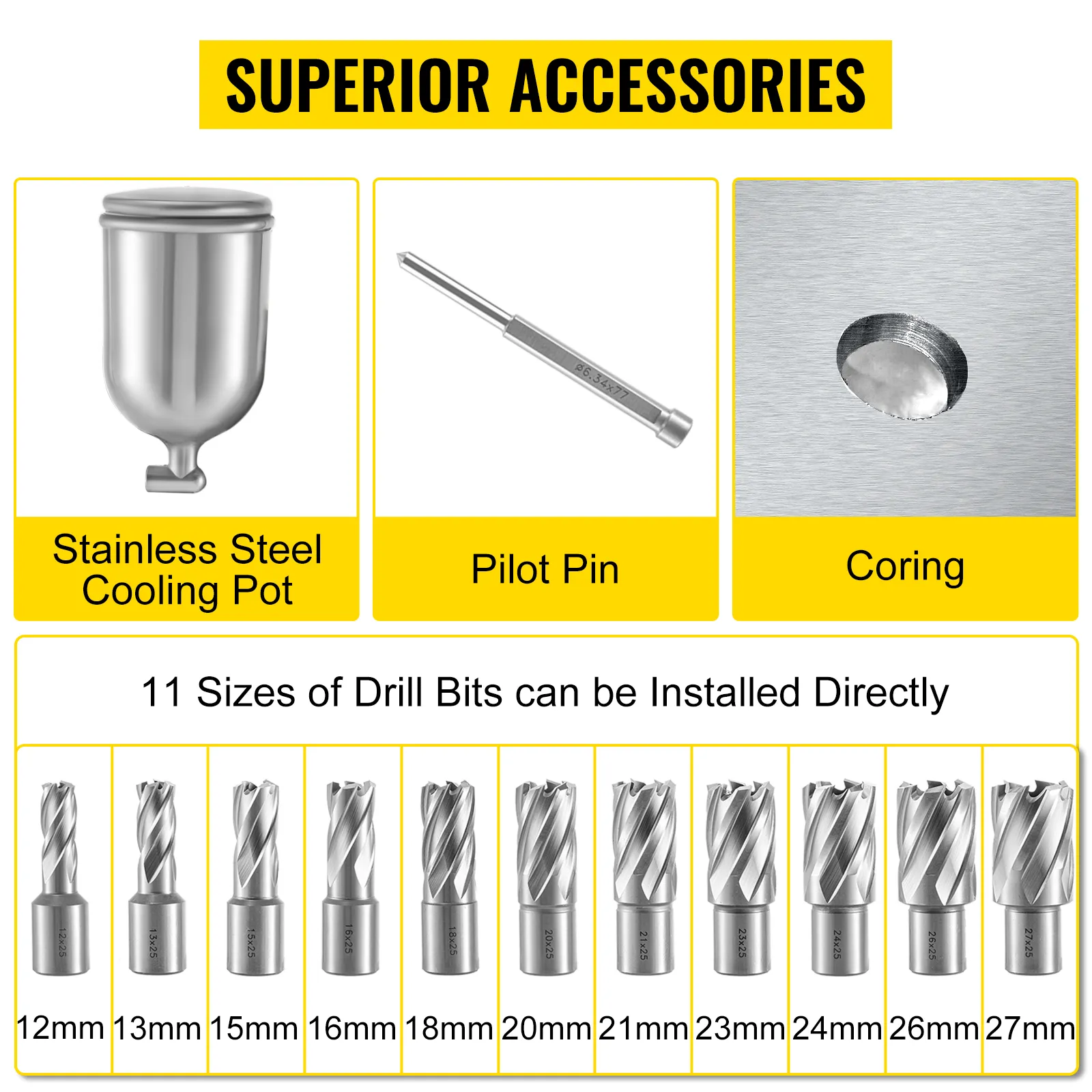 VEVOR magnetic drill press accessories: cooling pot, pilot pin, 11 drill bits from 12mm-27mm.
