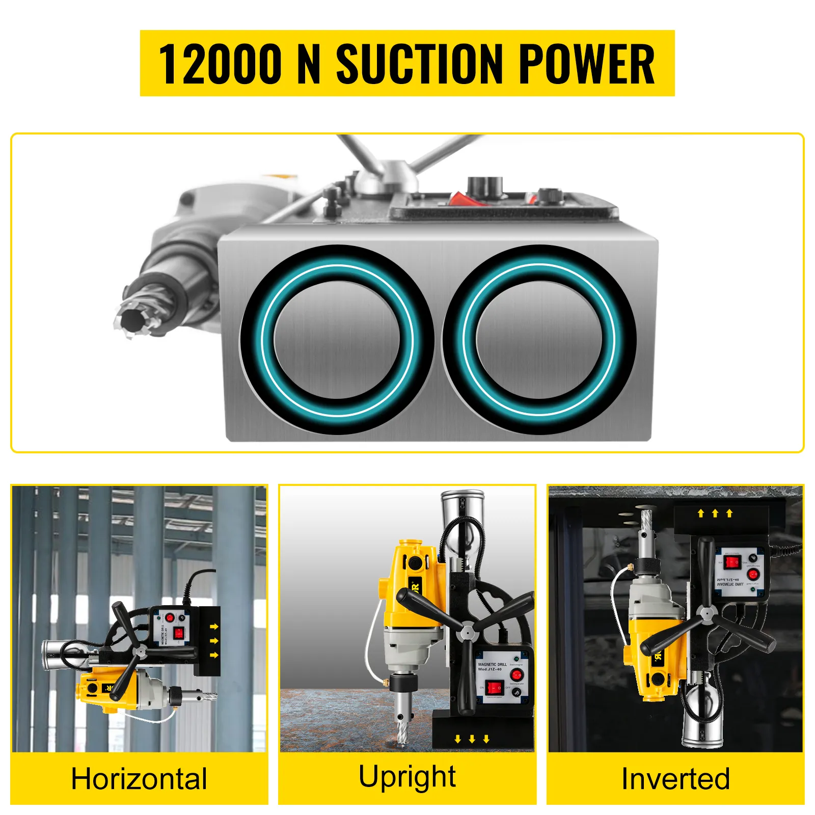 VEVOR magnetic drill press with 12000 n suction power, shown horizontally, upright, and inverted.