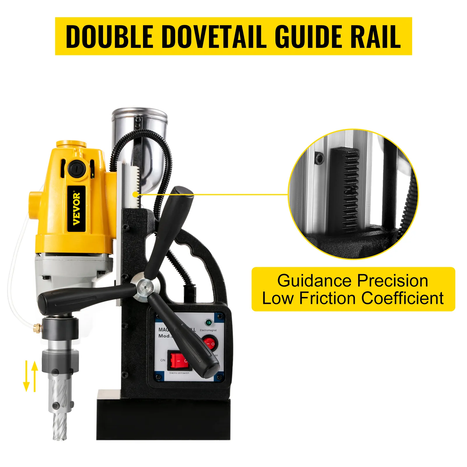 VEVOR magnetic drill press with double dovetail guide rail for precision and low friction.