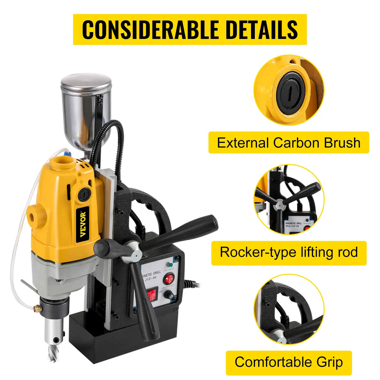 VEVOR magnetic drill press with external carbon brush, rocker-type lifting rod, and comfortable grip.