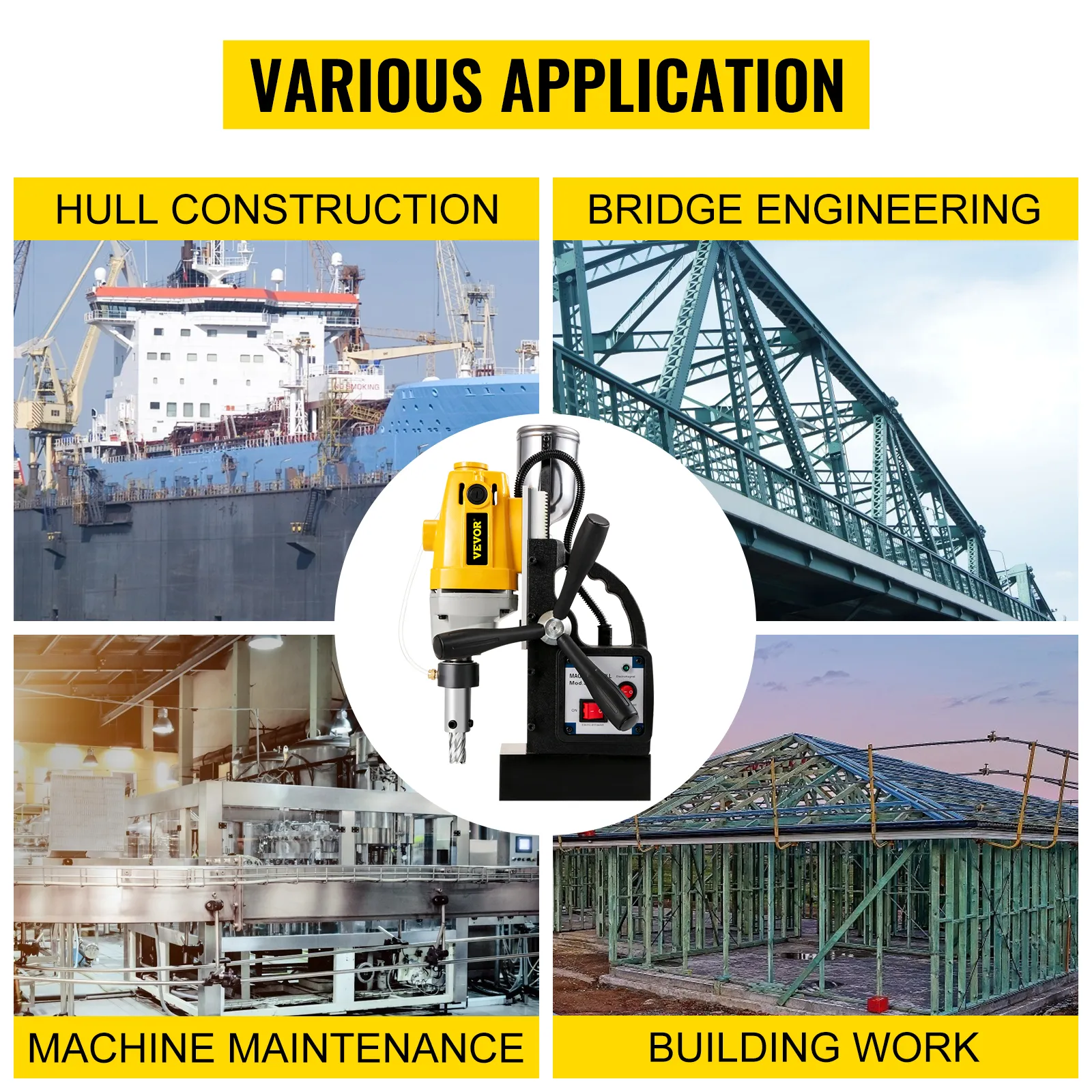 VEVOR magnetic drill press: versatile for hull construction, bridge engineering, and maintenance.