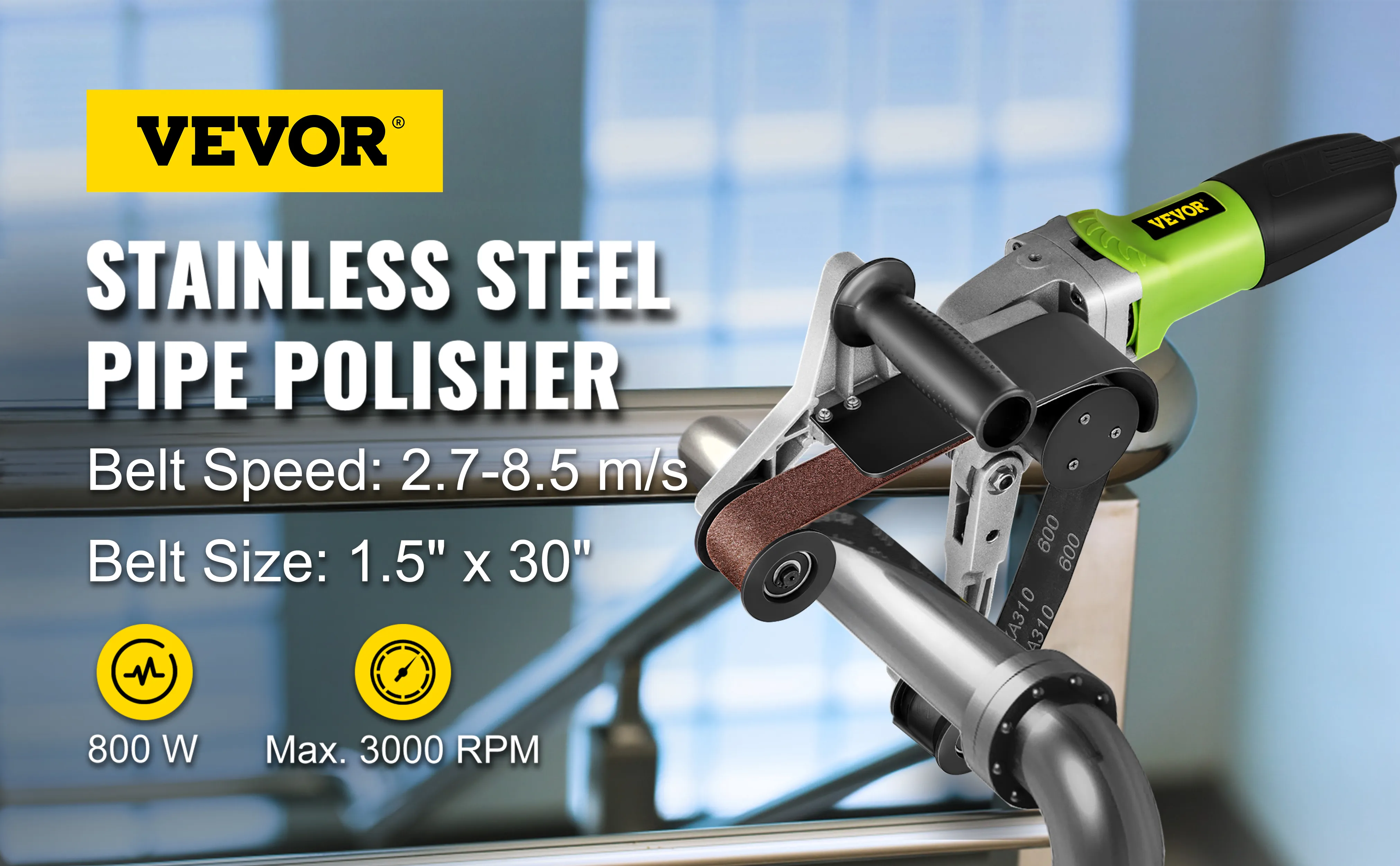 VEVOR pipe tube polisher for stainless steel with 800w power and adjustable belt speed.