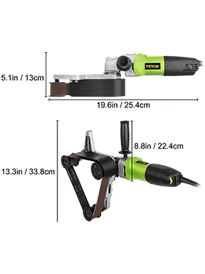 VEVOR pipe tube polisher, green and black with belt attachment, labeled dimensions.