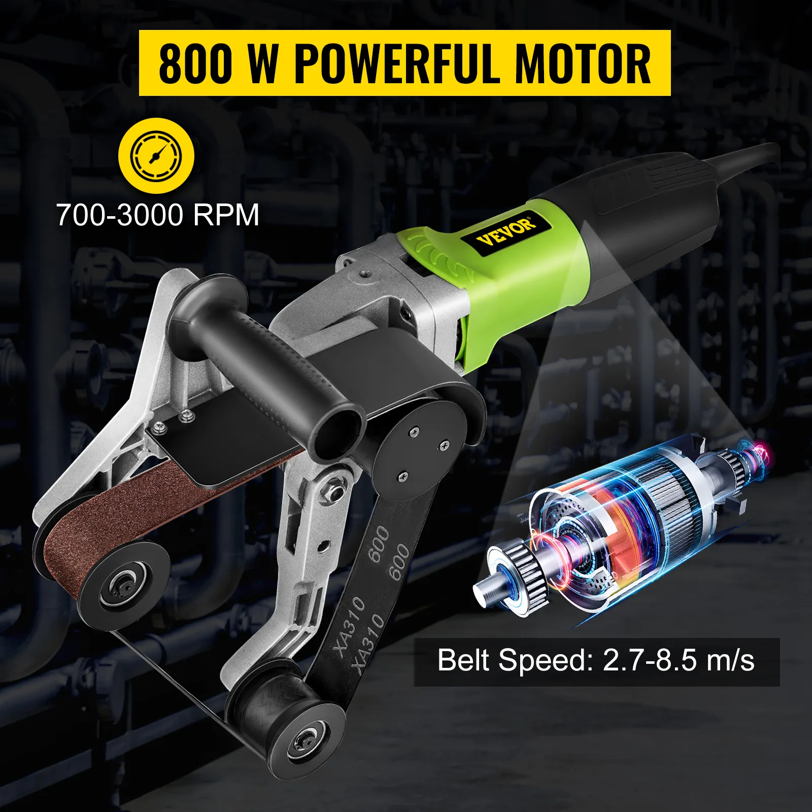 VEVOR pipe tube polisher with 800 w motor, 700-3000 rpm, belt speed 2.7-8.5 m/s.