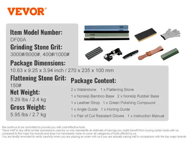 VEVOR knife sharpening kit with waterstones, non-slip bases, honing guide, and cut-resistant gloves.