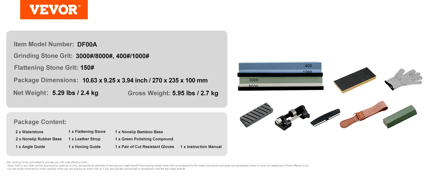 VEVOR knife sharpening kit with waterstones, non-slip bases, honing guide, and cut-resistant gloves.