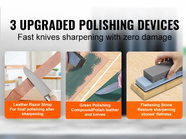 3 upgraded polishing devices for a VEVOR knife sharpening kit. features leather strop, green compound, and flattening stone.