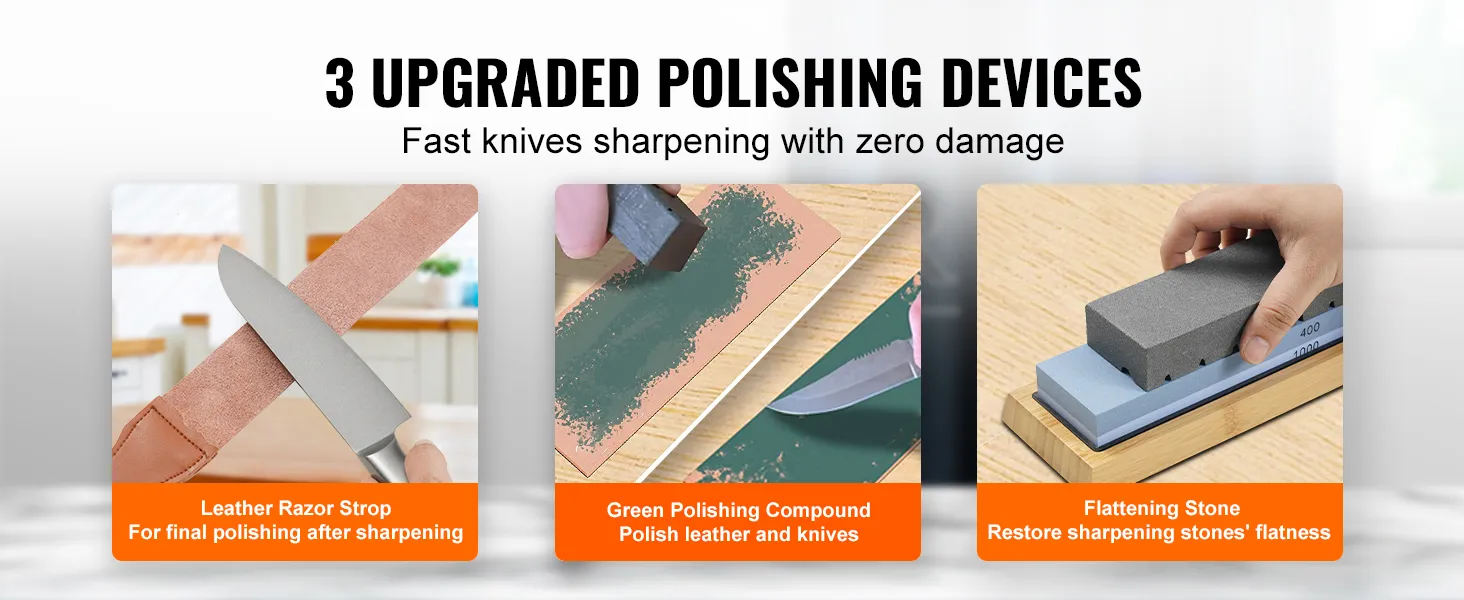 3 upgraded polishing devices for a VEVOR knife sharpening kit. features leather strop, green compound, and flattening stone.