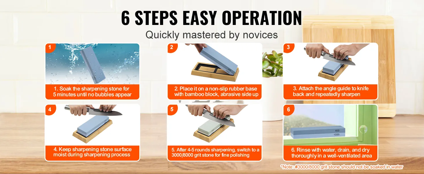 six easy steps to use the VEVOR knife sharpening kit with images showcasing each step.