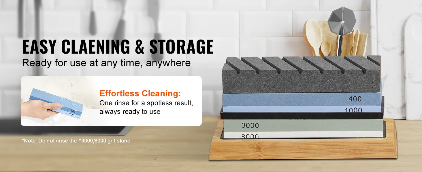 VEVOR knife sharpening kit with easy cleaning and storage, featuring multiple grit stones.