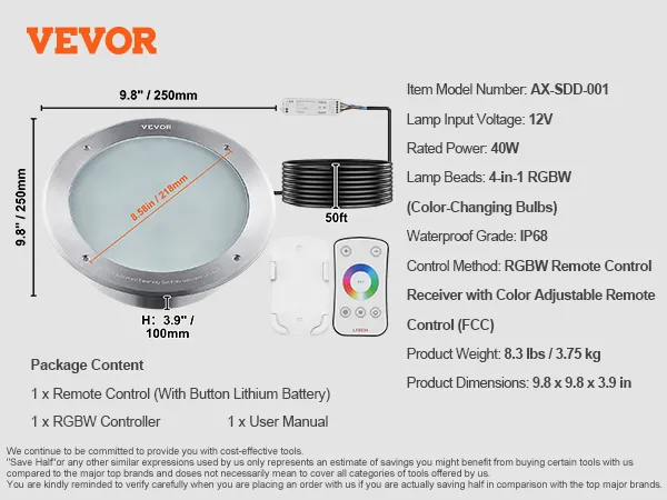 VEVOR 12v led pool light, 9.8"x9.8"x3.9", 40w, ip68, rgbw, remote control, 50ft cable, ax-sdd-001