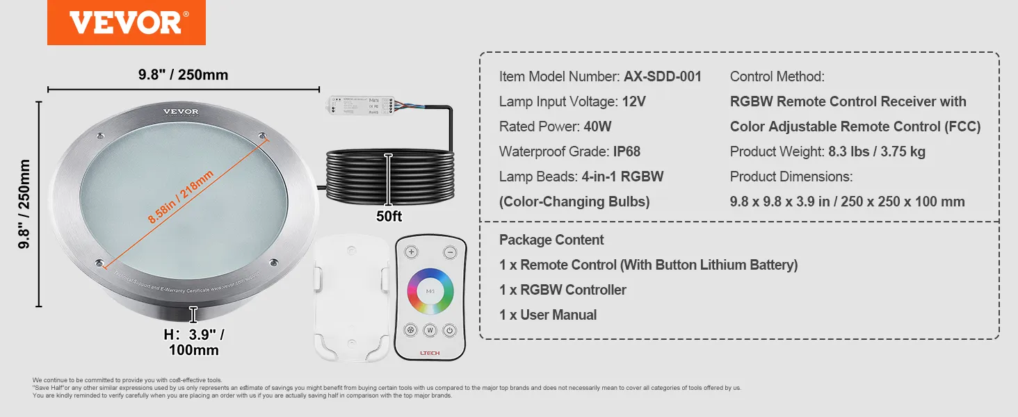 VEVOR 12v led pool light, 9.8"x9.8"x3.9", 40w, ip68, rgbw, remote control, 50ft cable, ax-sdd-001