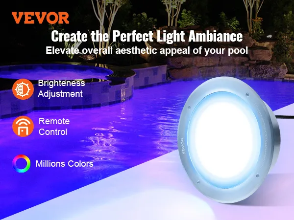VEVOR 12v led pool light with remote control, adjustable brightness, and millions of colors by a lit pool.