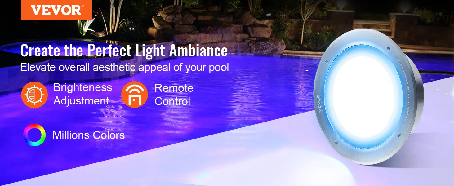 VEVOR 12v led pool light with remote control, adjustable brightness, and millions of colors by a lit pool.