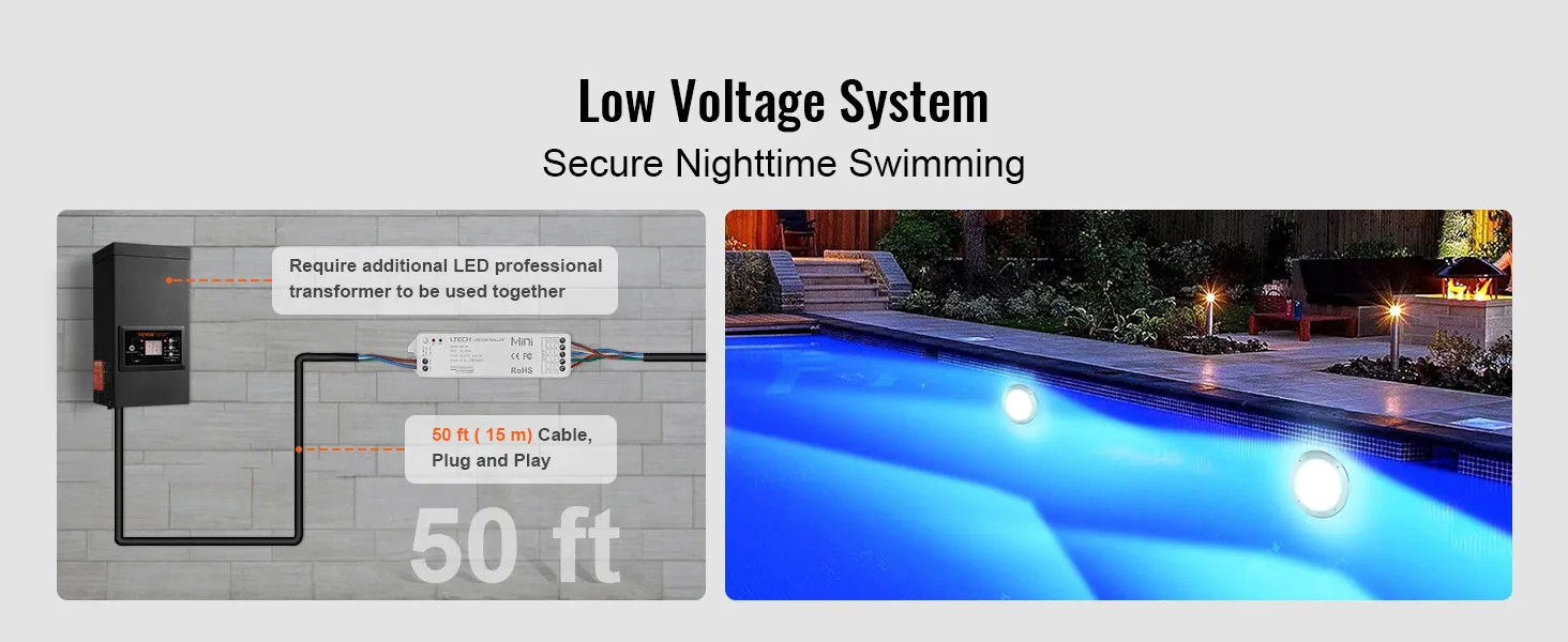 low voltage VEVOR 12v led pool light setup with 50ft cable for secure nighttime swimming.