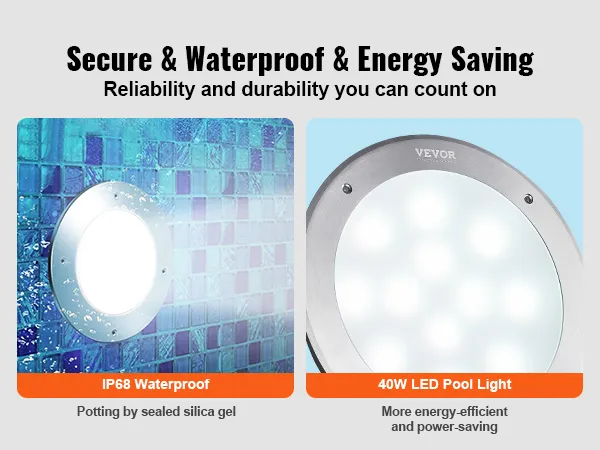 secure and waterproof VEVOR 12v led pool light with ip68 rating, energy-efficient and durable.