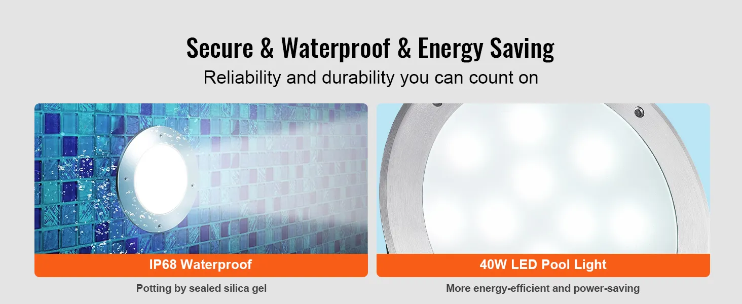 secure and waterproof VEVOR 12v led pool light with ip68 rating, energy-efficient and durable.