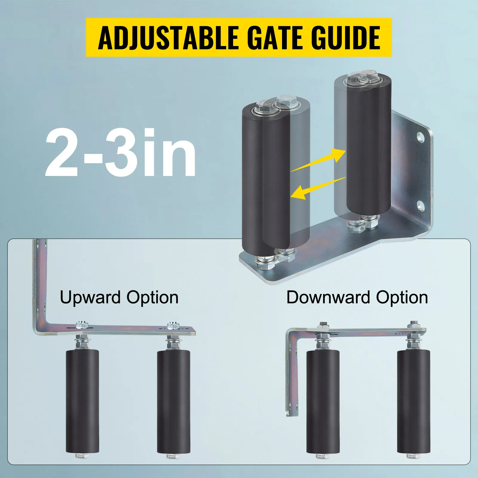adjustable VEVOR sliding gate roller guide, 2-3in, upward and downward options.