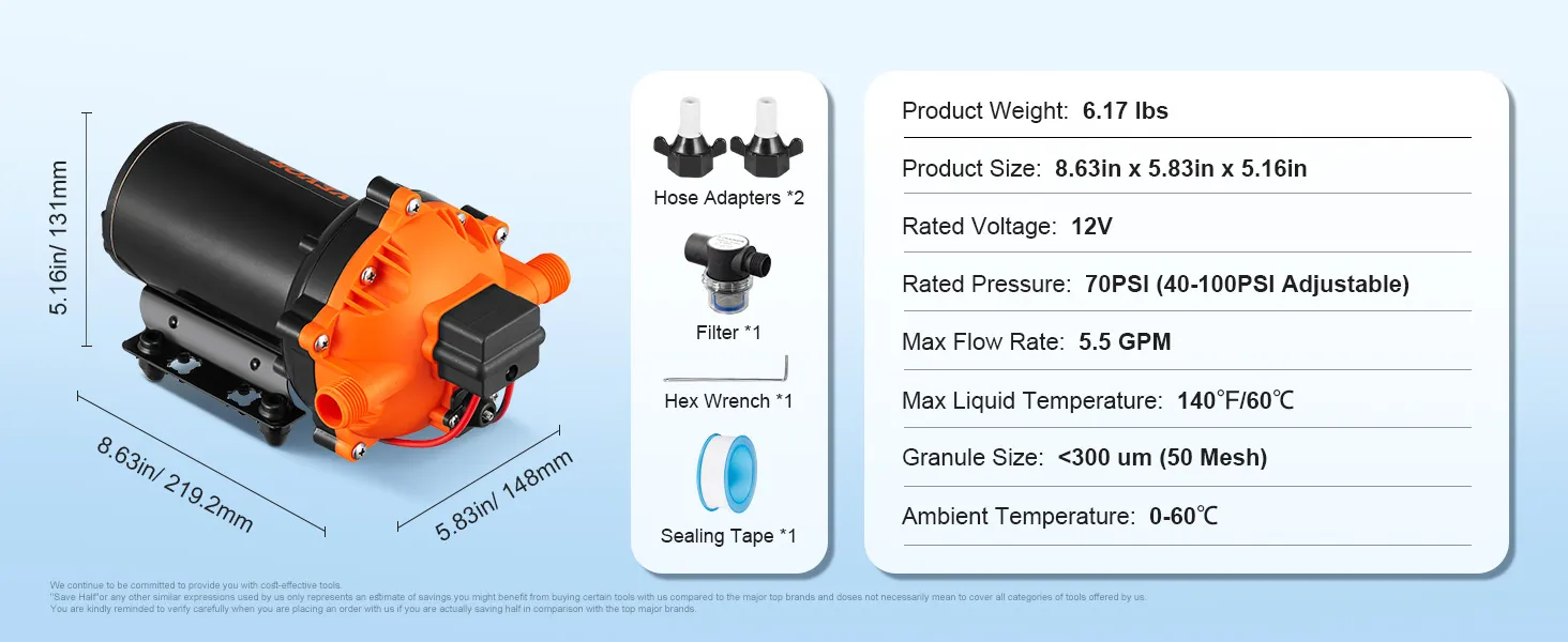 VEVOR 12v water pressure diaphragm pump 70psi, 5.5gpm with accessories, dimensions, and specifications.